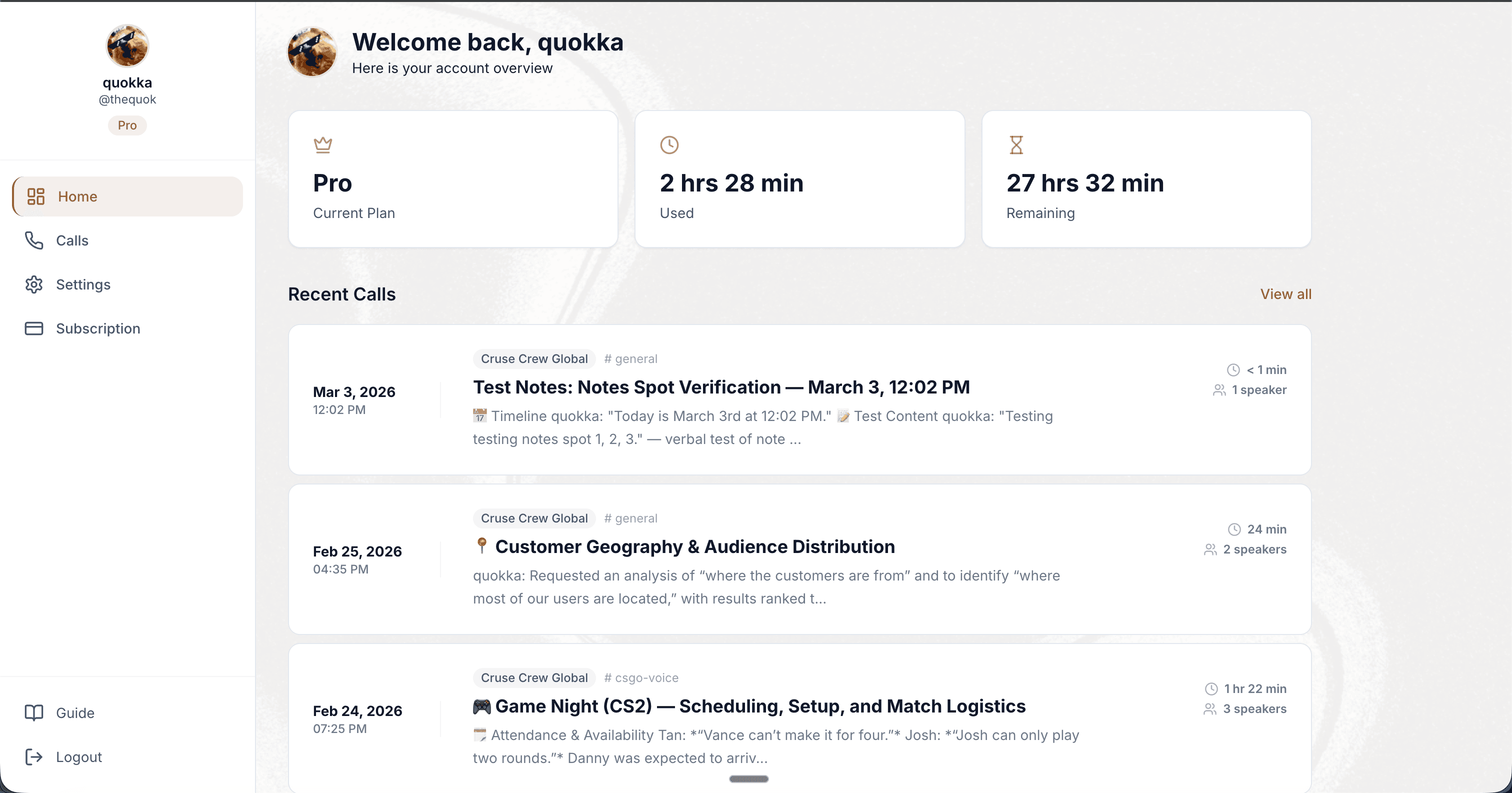 NotesBot Dashboard, view call history, transcripts, and audio playback